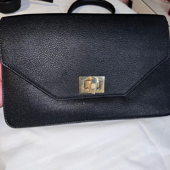 Convertible Shoulder Bag Black Faux Leather Gold Hardware Small Clutch - Picture 1 of 10